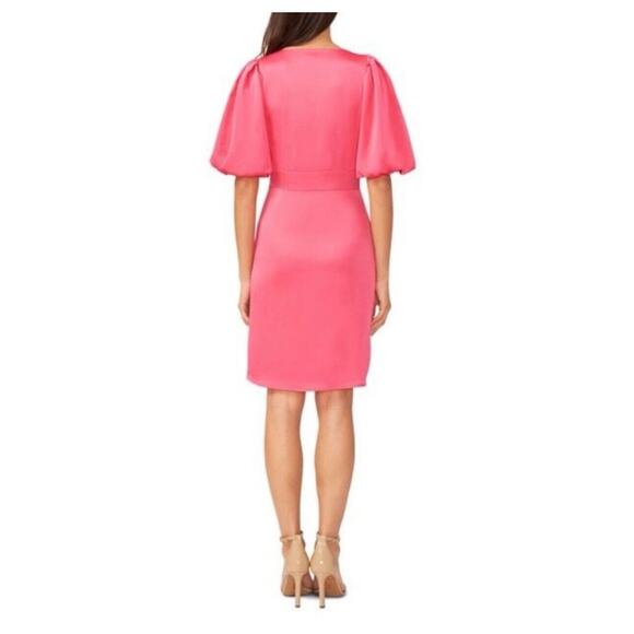 Halogen Pink Satin Dress Size‎ XS Puff Sleeve V-neck Short Dress Feminine Dainty - Picture 4 of 15